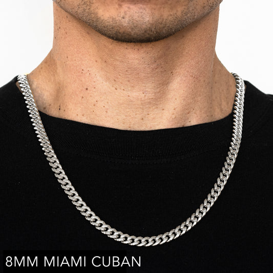 14K 8MM WHITE GOLD SOLID MIAMI CUBAN 28" CHAIN NECKLACE (AVAILABLE IN LENGTHS 7" - 30")