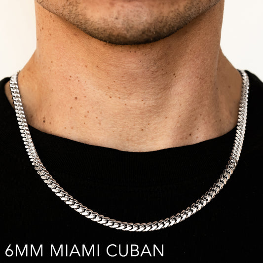 14K 6MM WHITE GOLD SOLID MIAMI CUBAN 16" CHAIN NECKLACE (AVAILABLE IN LENGTHS 7" - 30")