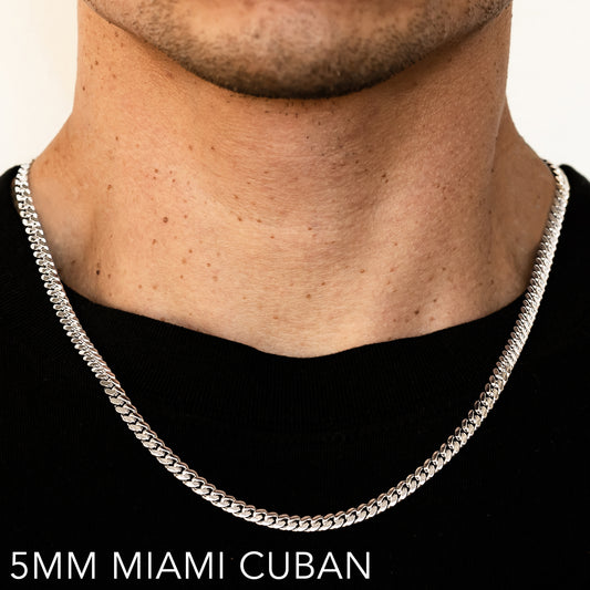 14K 5MM WHITE GOLD SOLID MIAMI CUBAN 16" CHAIN NECKLACE (AVAILABLE IN LENGTHS 7" - 30")