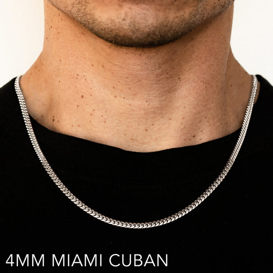 14K 4MM WHITE GOLD SOLID MIAMI CUBAN 16" CHAIN NECKLACE (AVAILABLE IN LENGTHS 7" - 30")