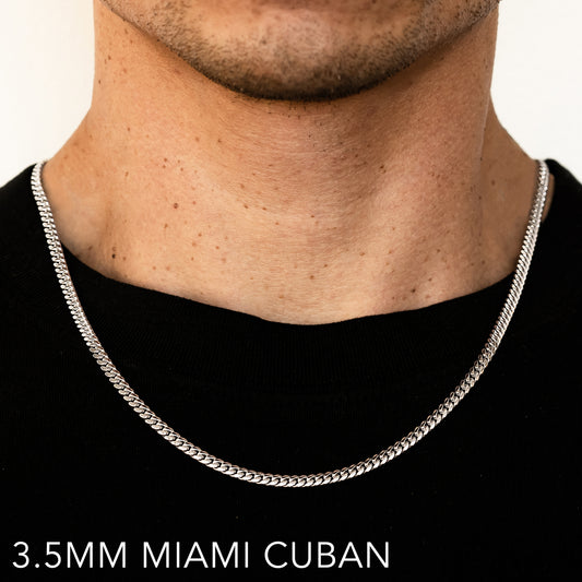 14K 3.5MM WHITE GOLD SOLID MIAMI CUBAN 16" CHAIN NECKLACE (AVAILABLE IN LENGTHS 7" - 30")