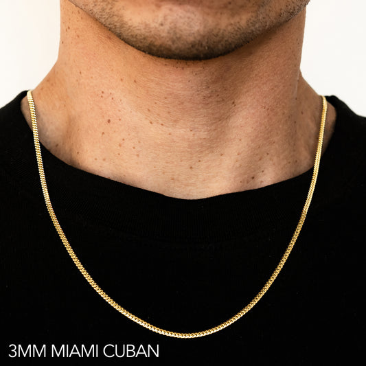 10K 3MM YELLOW GOLD HOLLOW MIAMI CUBAN 24 CHAIN NECKLACE"