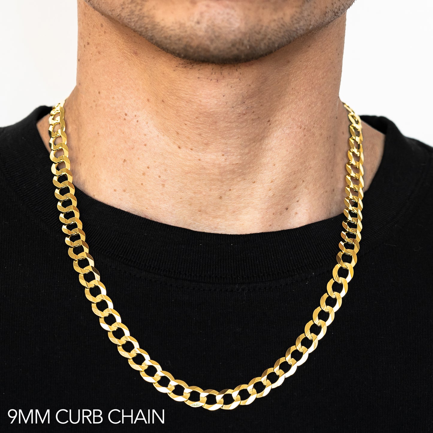 10K 9MM YELLOW GOLD HOLLOW CURB 18 CHAIN NECKLACE"