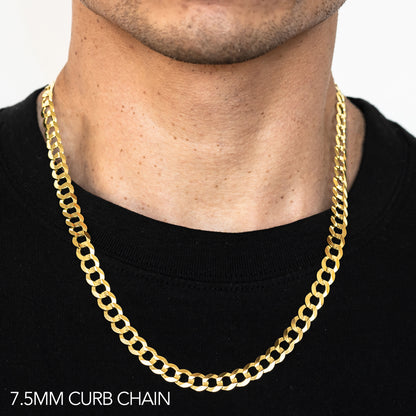 10K 7.5MM YELLOW GOLD HOLLOW CURB 24 CHAIN NECKLACE"