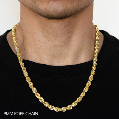 10K 9MM YELLOW GOLD DC HOLLOW ROPE 18 CHAIN NECKLACE"