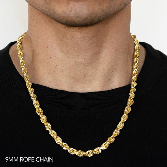 10K 9MM YELLOW GOLD DC HOLLOW ROPE 24 CHAIN NECKLACE"