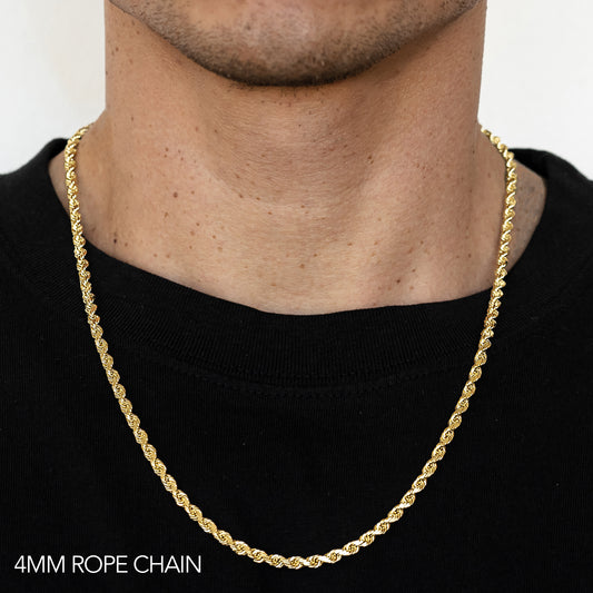 10K 4MM YELLOW GOLD DC HOLLOW ROPE 20 CHAIN NECKLACE"