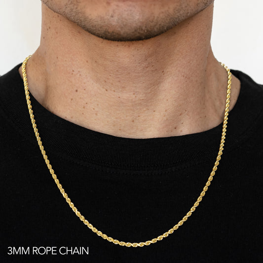 10K 3MM YELLOW GOLD DC HOLLOW ROPE 20 CHAIN NECKLACE"