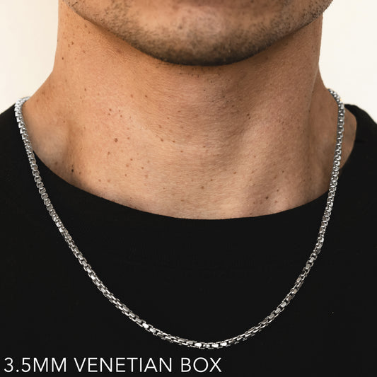 14K 3.5MM WHITE GOLD VENETIAN BOX 28" CHAIN NECKLACE (AVAILABLE IN LENGTHS 7" - 30")