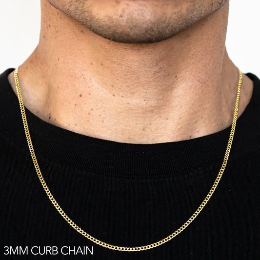 10K 3MM YELLOW GOLD SOLID CURB 16 CHAIN NECKLACE"