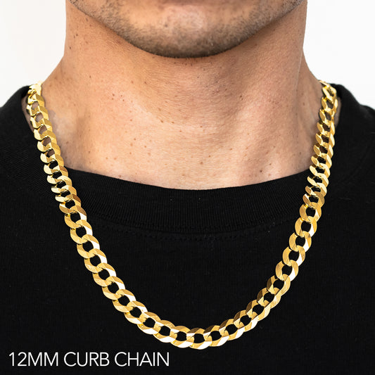 14K 12MM YELLOW GOLD SOLID CURB 30 CHAIN NECKLACE"