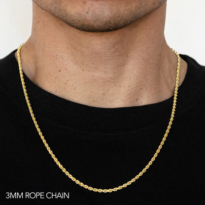 14K 3MM YELLOW GOLD DC HOLLOW ROPE 24 CHAIN NECKLACE"