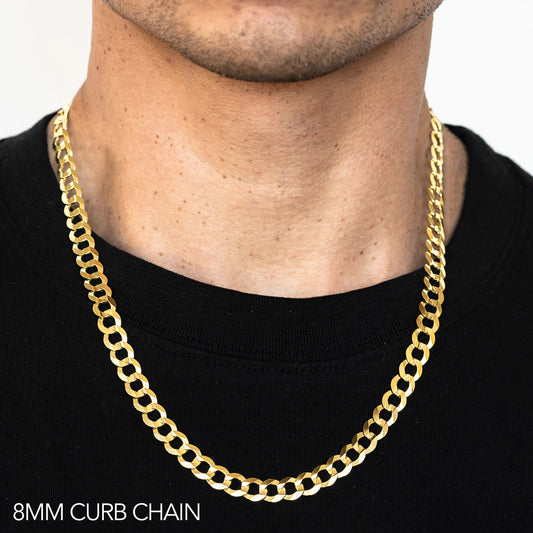 14K 8MM YELLOW GOLD SOLID CURB 20 CHAIN NECKLACE"