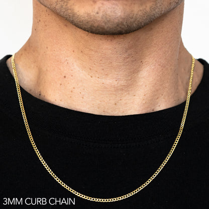 14K 3MM YELLOW GOLD SOLID CURB 20 CHAIN NECKLACE"