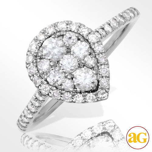 14KW 0.90CTW DIAMOND PEAR CLUSTER RING WITH HALO