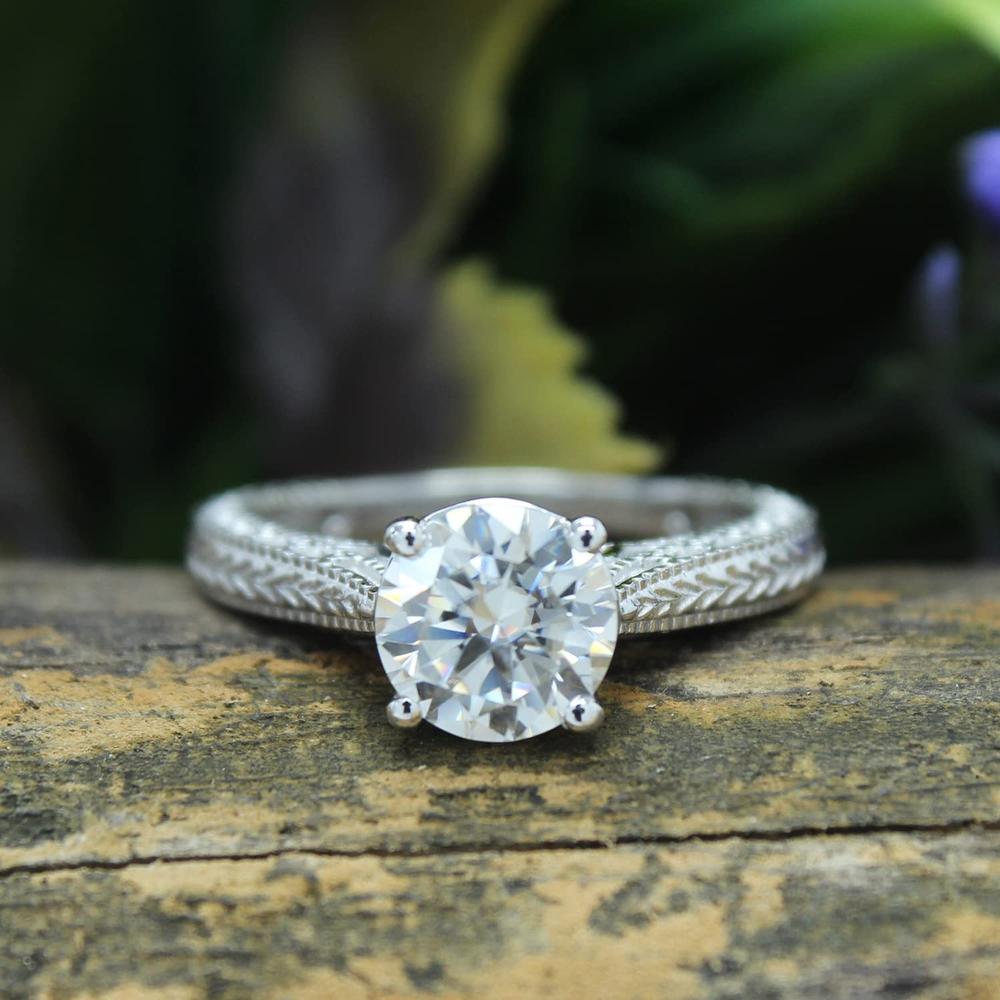 1 1/2 Carat 7.5MM Lab Created Moissanite Diamond Antique Vintage Leaf Pattern Shank Solitaire Engagement Ring In 925 Sterling Silver Jewelry