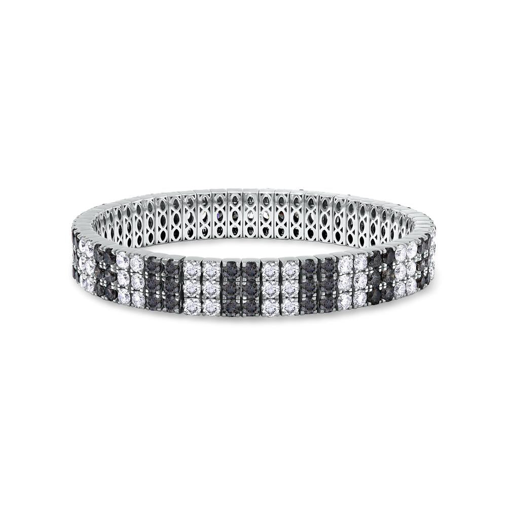 16.56 Cttw Black And White Lab Grown Diamond Three Row Stretchable Tennis Bracelet In 14K Solid Gold Jewelry, Size Small