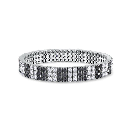 19.10 Cttw Black And White Lab Grown Diamond Three Row Stretchable Tennis Bracelet In 14K Solid Gold Jewelry, Size Large