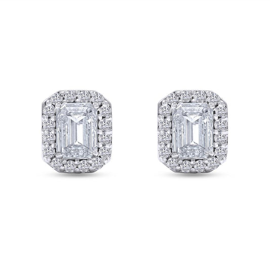 1.01 Cttw Emerald and Round Shape Lab Grown Diamond Halo Stud Earrings In 14K Solid Gold Jewelry