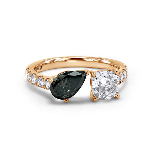 1.97 Cttw Black Pear Shape With White Cushion and Round Cut Lab Grown Diamond Toi Et Moi Engagement Ring In 14K Solid Gold Jewelry