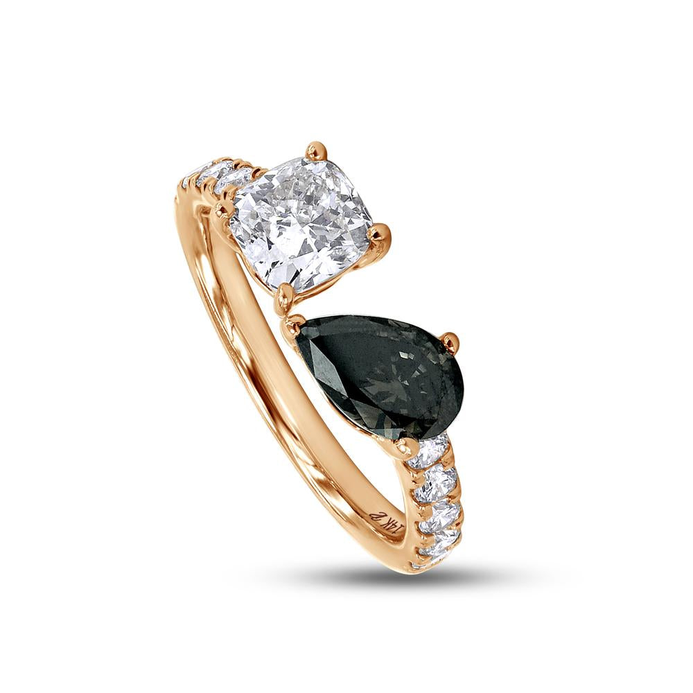 1.97 Cttw Black Pear Shape With White Cushion and Round Cut Lab Grown Diamond Toi Et Moi Engagement Ring In 14K Solid Gold Jewelry