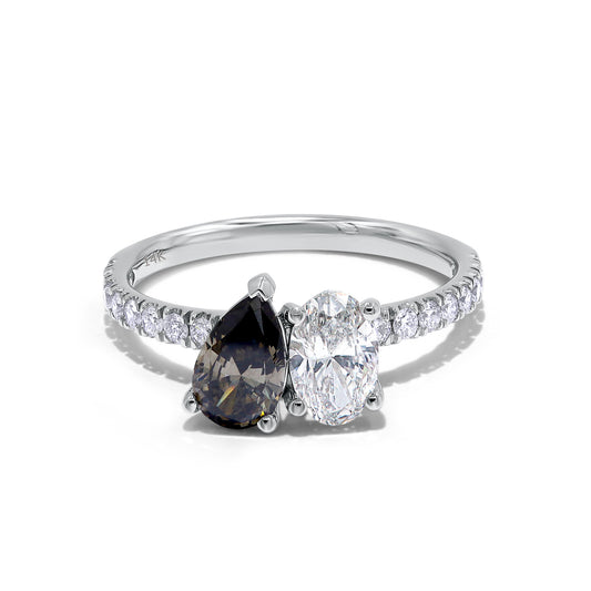 1.50 Cttw Pear, Oval & Round Shape Black Lab Grown Diamond Toi Et Moi Engagement Ring in 14k Solid Gold Jewelry