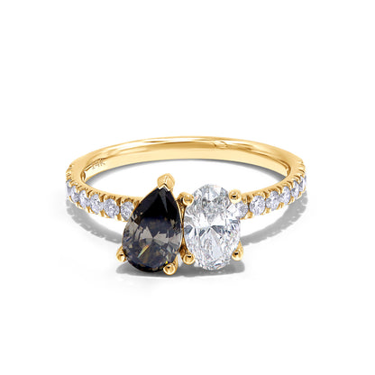 1.50 Cttw Pear, Oval & Round Shape Black Lab Grown Diamond Toi Et Moi Engagement Ring in 14k Solid Gold Jewelry