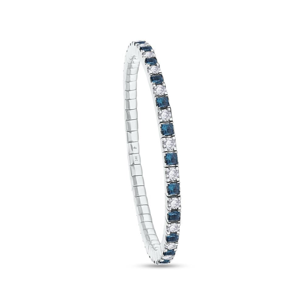 6.70 Cttw Princess Blue And Round White Lab Grown Diamond 3MM Width Stretchable Tennis Bracelet In 14K Solid Gold Jewelry, Size Small