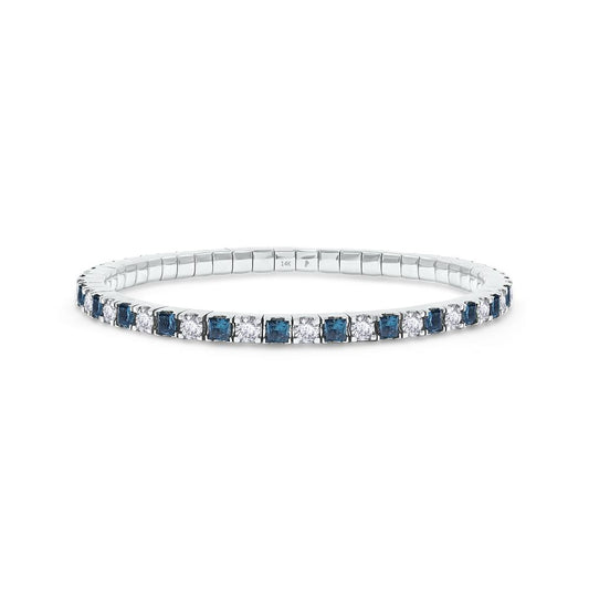 7.73 Cttw Princess Blue And Round White Lab Grown Diamond 3MM Width Stretchable Tennis Bracelet In 14K Solid Gold Jewelry, Size Large