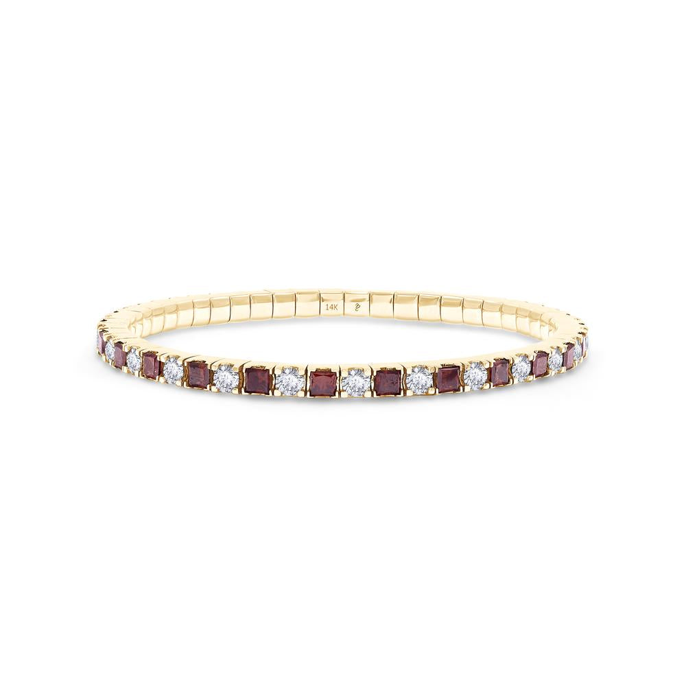 6.59 Cttw Princess Red And Round White Lab Grown Diamond 3MM Width Stretchable Tennis Bracelet In 14K Solid Gold Jewelry, Size Small