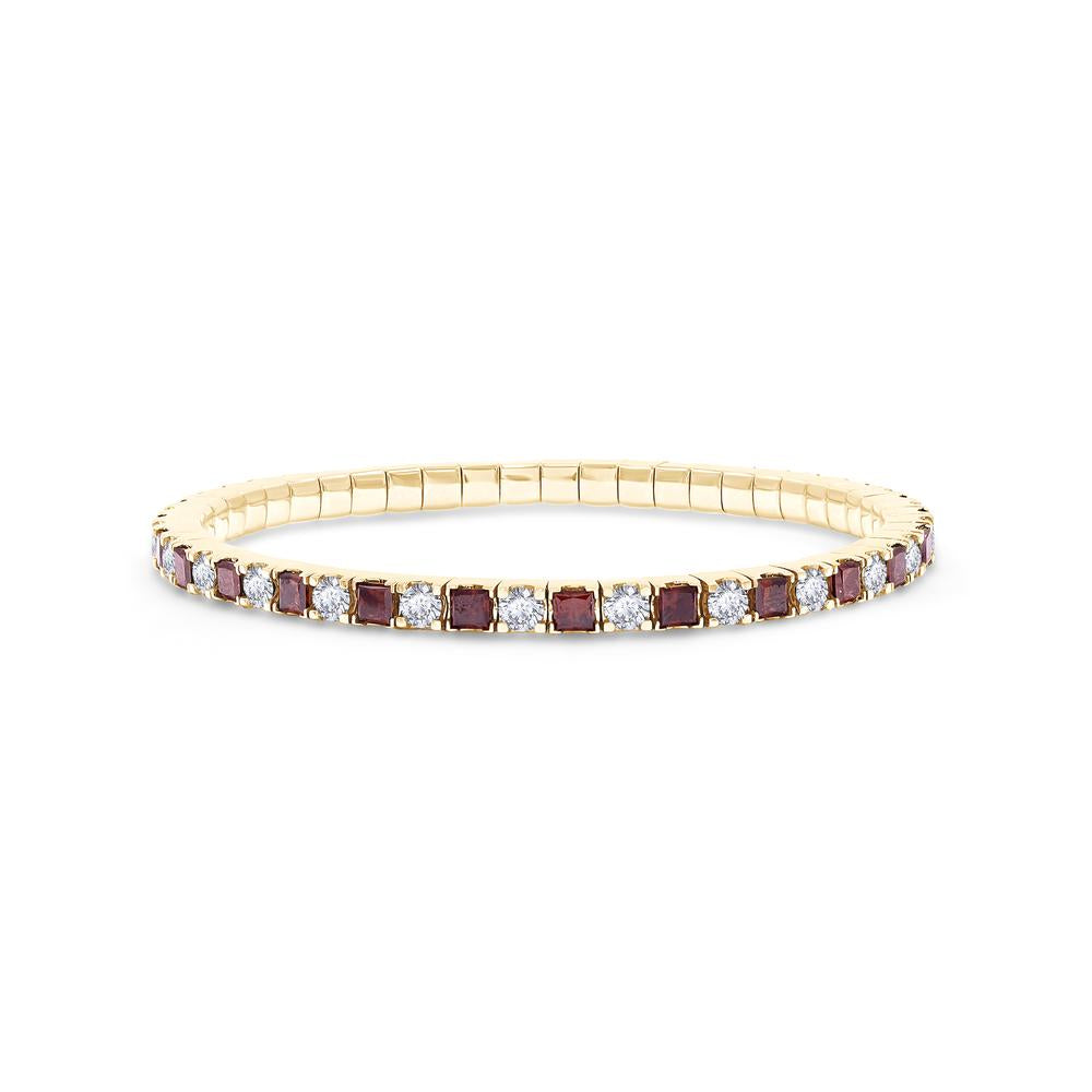 6.59 Cttw Princess Red And Round White Lab Grown Diamond 3MM Width Stretchable Tennis Bracelet In 14K Solid Gold Jewelry, Size Small