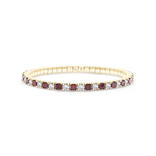 7.60 Cttw Princess Red And Round White Lab Grown Diamond 3MM Width Stretchable Tennis Bracelet In 14K Solid Gold Jewelry, Size Large