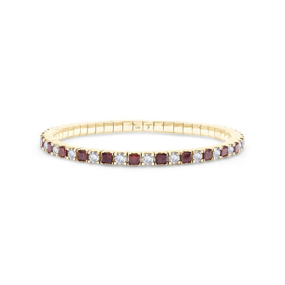 7.10 Cttw Princess Red And Round White Lab Grown Diamond 3MM Width Stretchable Tennis Bracelet In 14K Solid Gold Jewelry, Size Medium