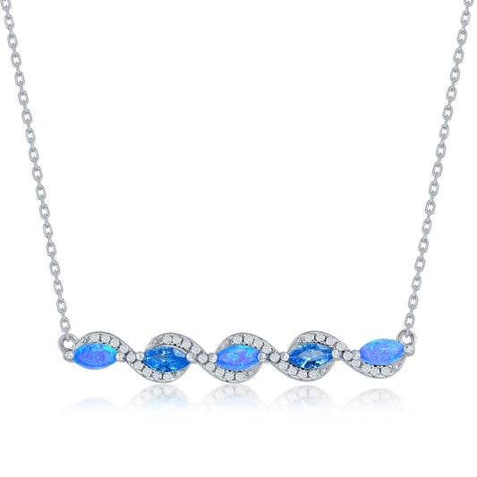 Sterling Silver Marquise Blue Opal & Aquamarine CZ Bar Necklace