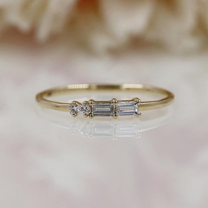 14k Solid Gold 0.14 cttw Baguette And Round Cut IGI Certified Lab Grown Diamond Engagement Promise Rings | Dainty Stacking Rings For Women