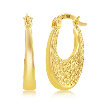 Yellow Gold Oval Textured & D-C Oval Hoop Earrings - 14K Gold