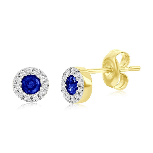 14K Yellow Gold, 3mm Round Sapphire (0.32ct) & Diamond Studs - (22 Stones)