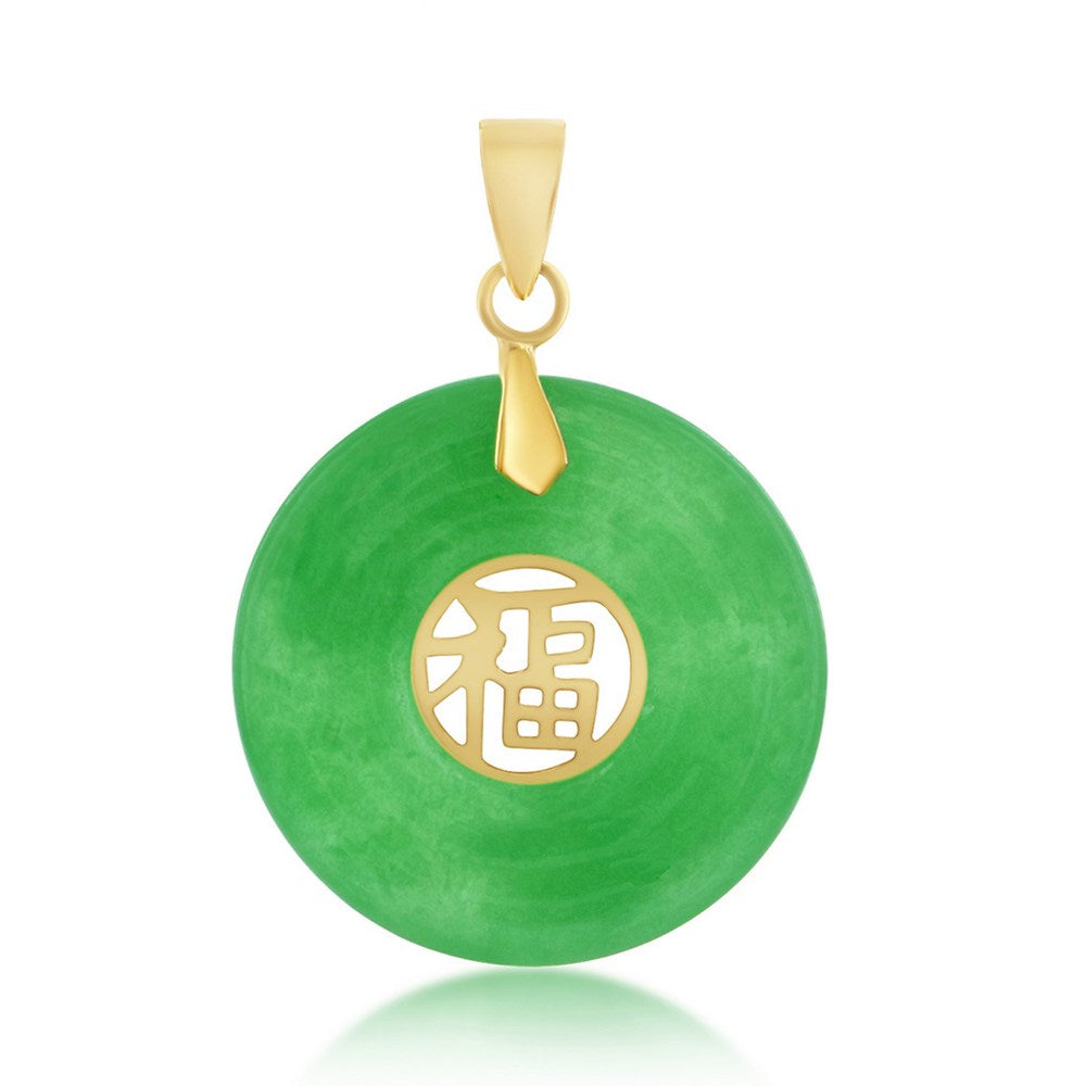 14K Yellow Gold, Jade 15mm Round 'Good Luck' Pendant