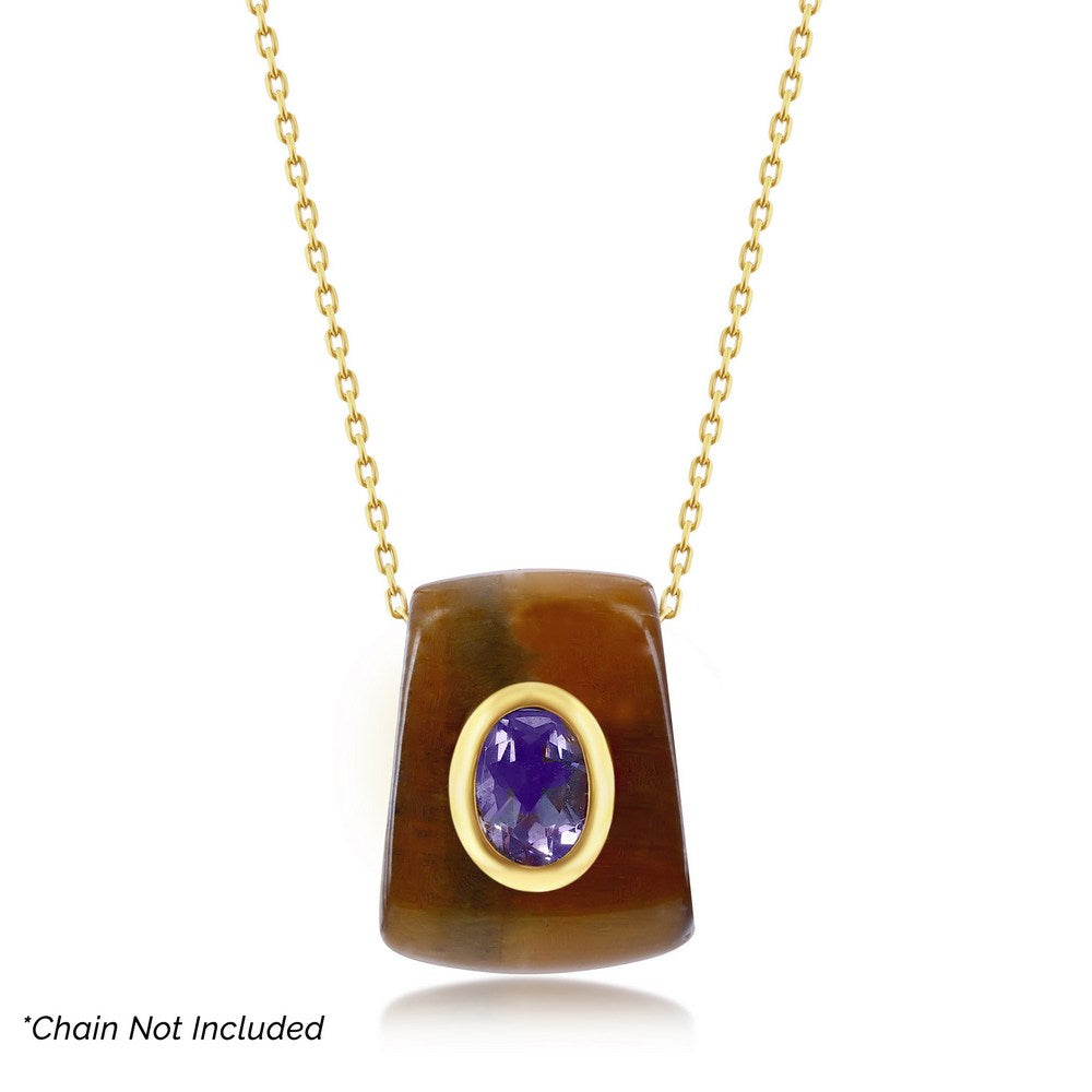 14K Yellow Gold, Tiger Eye Slide Pendant, Amethyst Gemstone