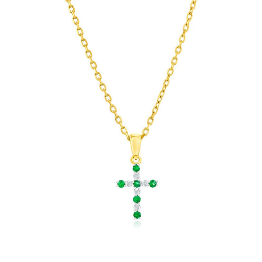 14K Yellow Gold, Green Garnet & Diamond Cross Pendant - (11 Stones)