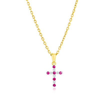 14K Yellow Gold, Ruby & Diamond Cross Pendant - (11 Stones)