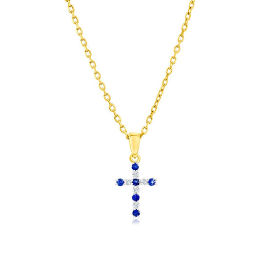 14K Yellow Gold, Sapphire & Diamond Cross Pendant - (11 Stones)