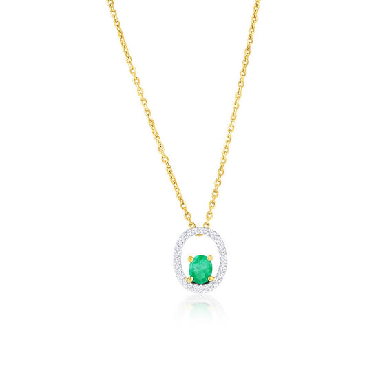 14K Yellow Gold, Oval 0.36ct Emerald, Diamond Pendant - (28 Stones)