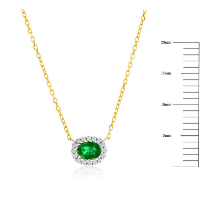 14K Yellow Gold, 4x3 Oval Emerald (0.18ct) & Diamond Necklace - (16 Stones)