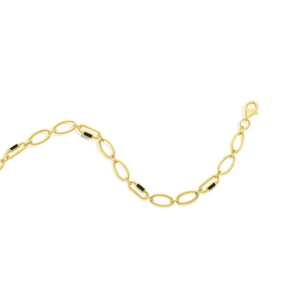 14K Yellow Gold, Alternating Black Enamel Carabiner & Oval Link Bracelet