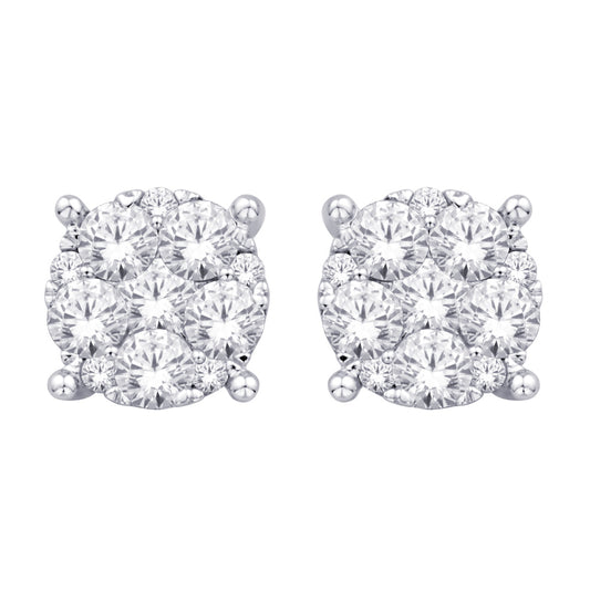 14K White Gold 3/4 Ct.Tw. Diamond Flower Stud Earrings