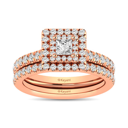 Diamond Classic Shank Double Halo Bridal Ring 1 ct tw Princess Cut in 14K Rose Gold