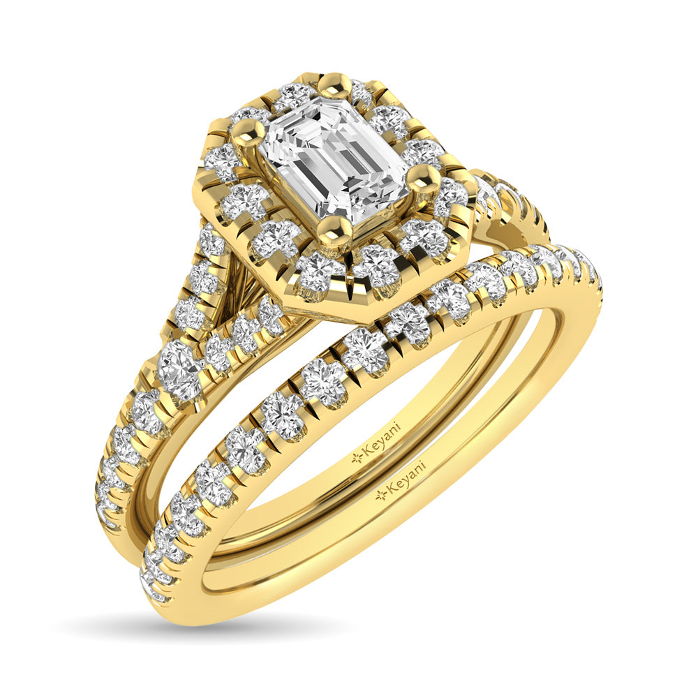 Diamond  Split Shank Single Halo Bridal Ring 1 ct tw Emerald Cut in 14K Yellow Gold