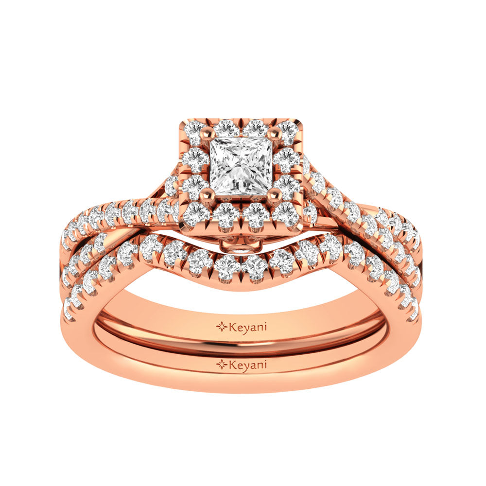 Diamond  Twist Shank Single Halo Bridal Ring 1 ct tw Princess Cut in 14K Rose Gold