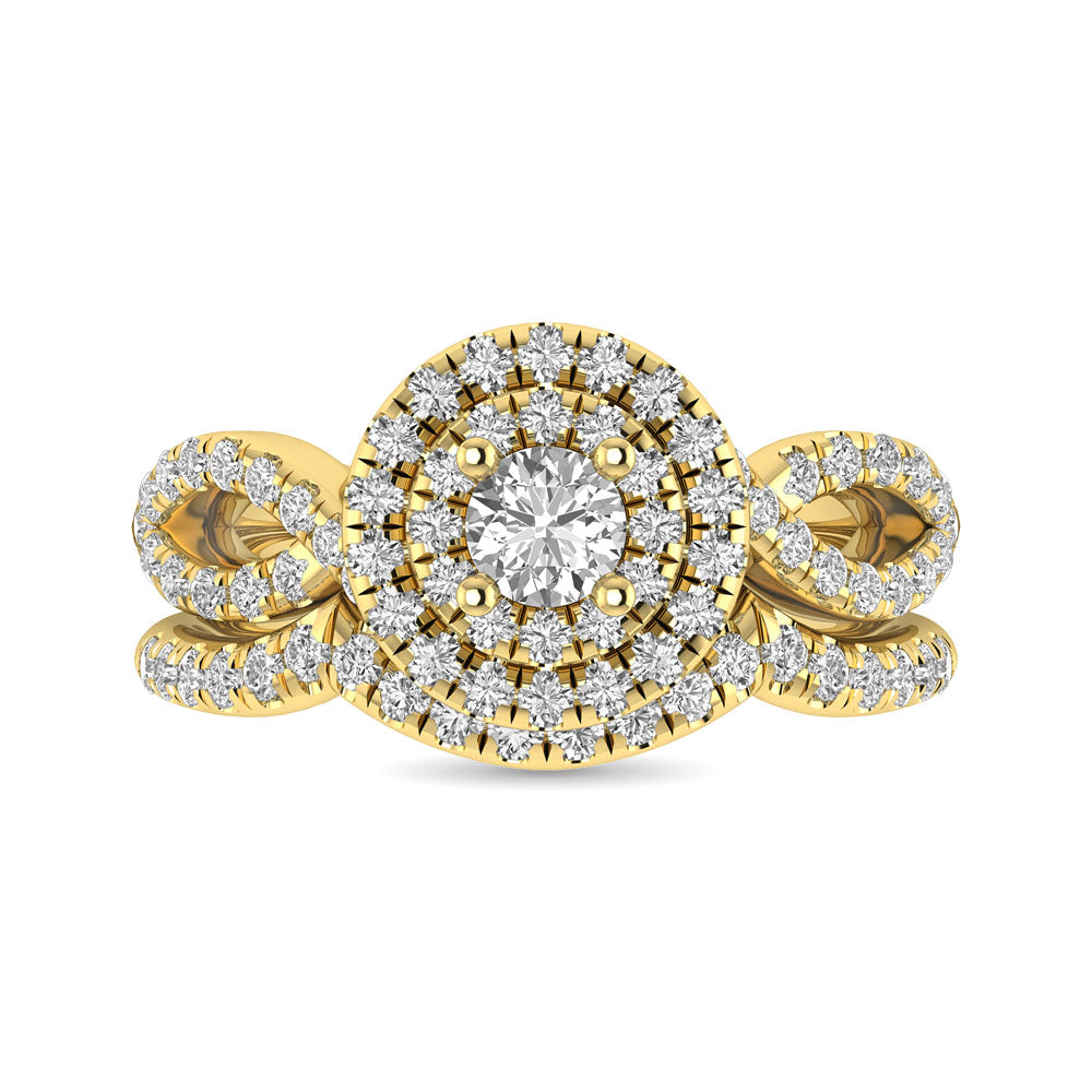 Diamond  Twist Shank Double Halo Bridal Ring 1 ct tw Round Cut in 14K Yellow Gold